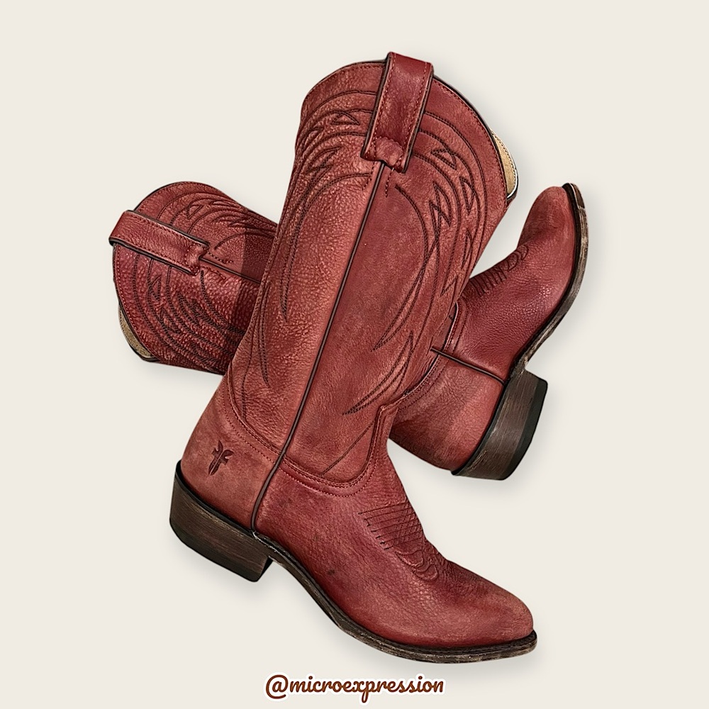 $385 Frye Billy Vintage Red Brick Leather Embroidered Pull-On Cowgirl Tall Boot - Picture 15 of 15